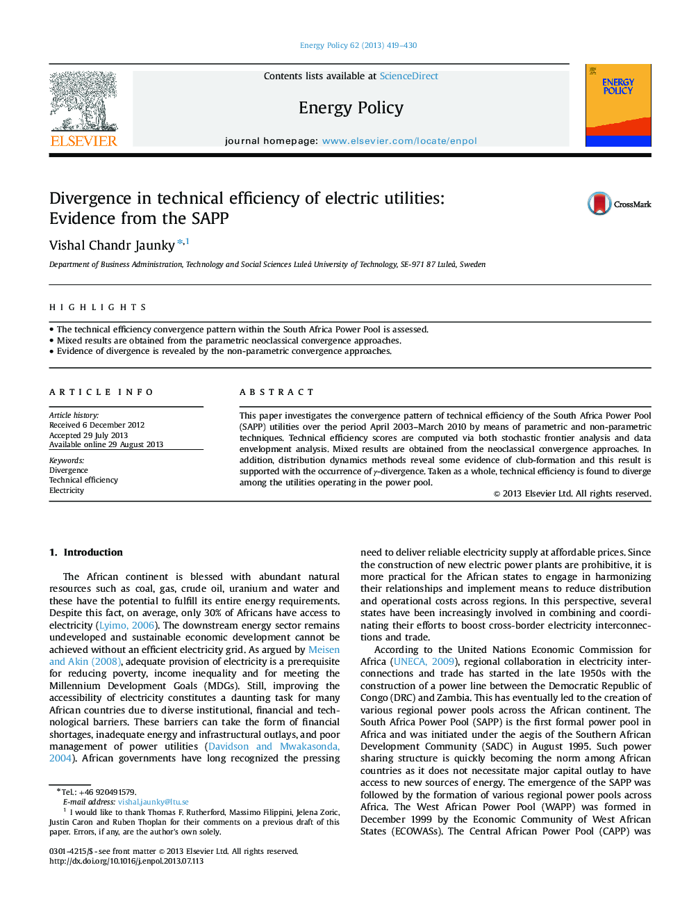 Divergence in technical efficiency of electric utilities: Evidence from the SAPP