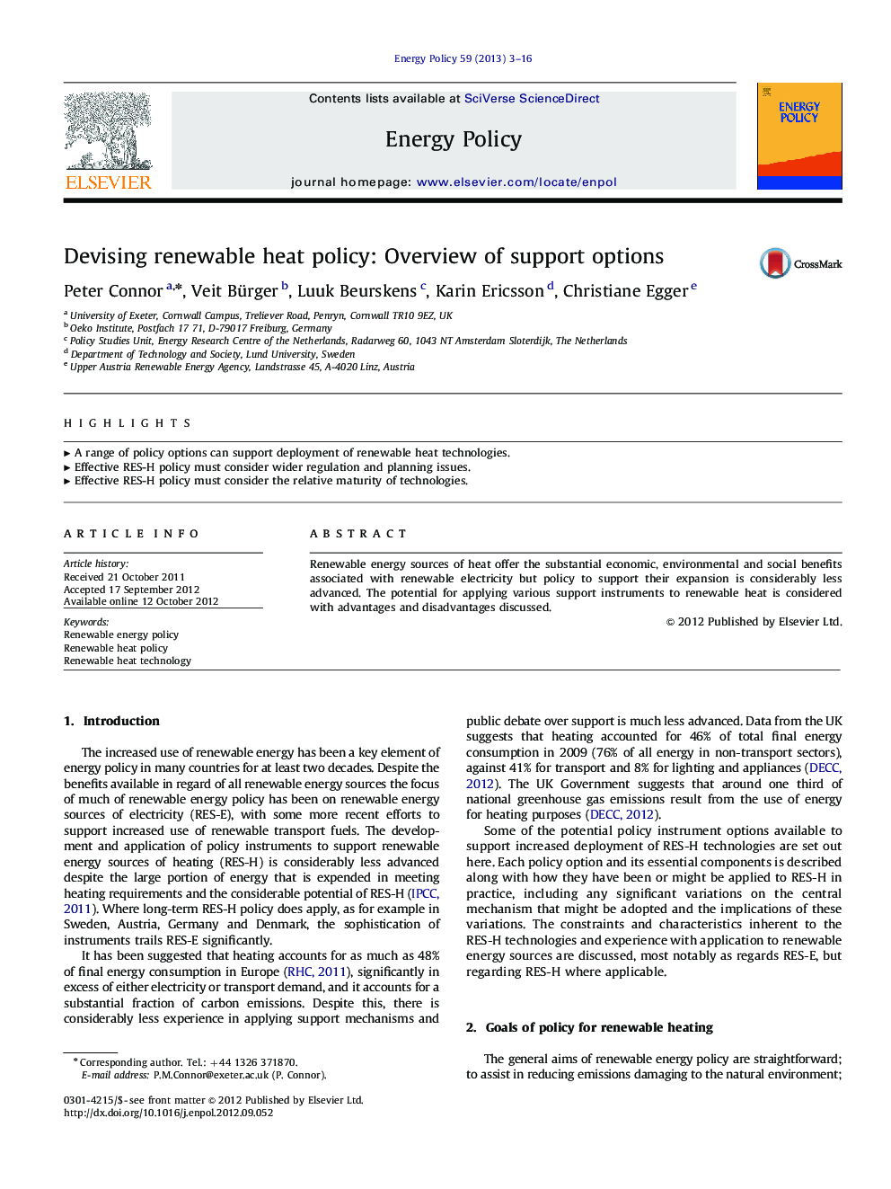 Devising renewable heat policy: Overview of support options