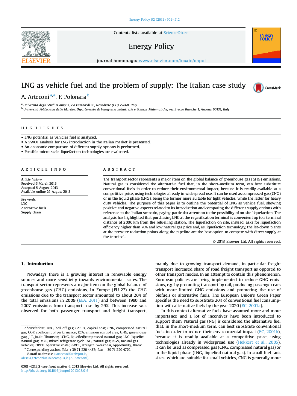 LNG as vehicle fuel and the problem of supply: The Italian case study