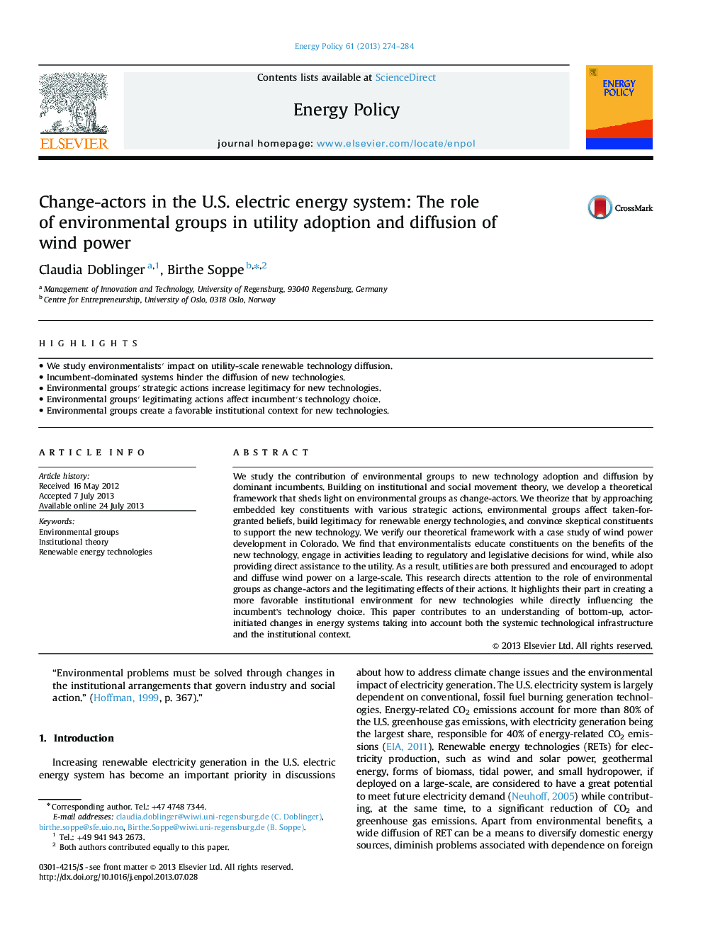 Change-actors in the U.S. electric energy system: The role of environmental groups in utility adoption and diffusion of wind power
