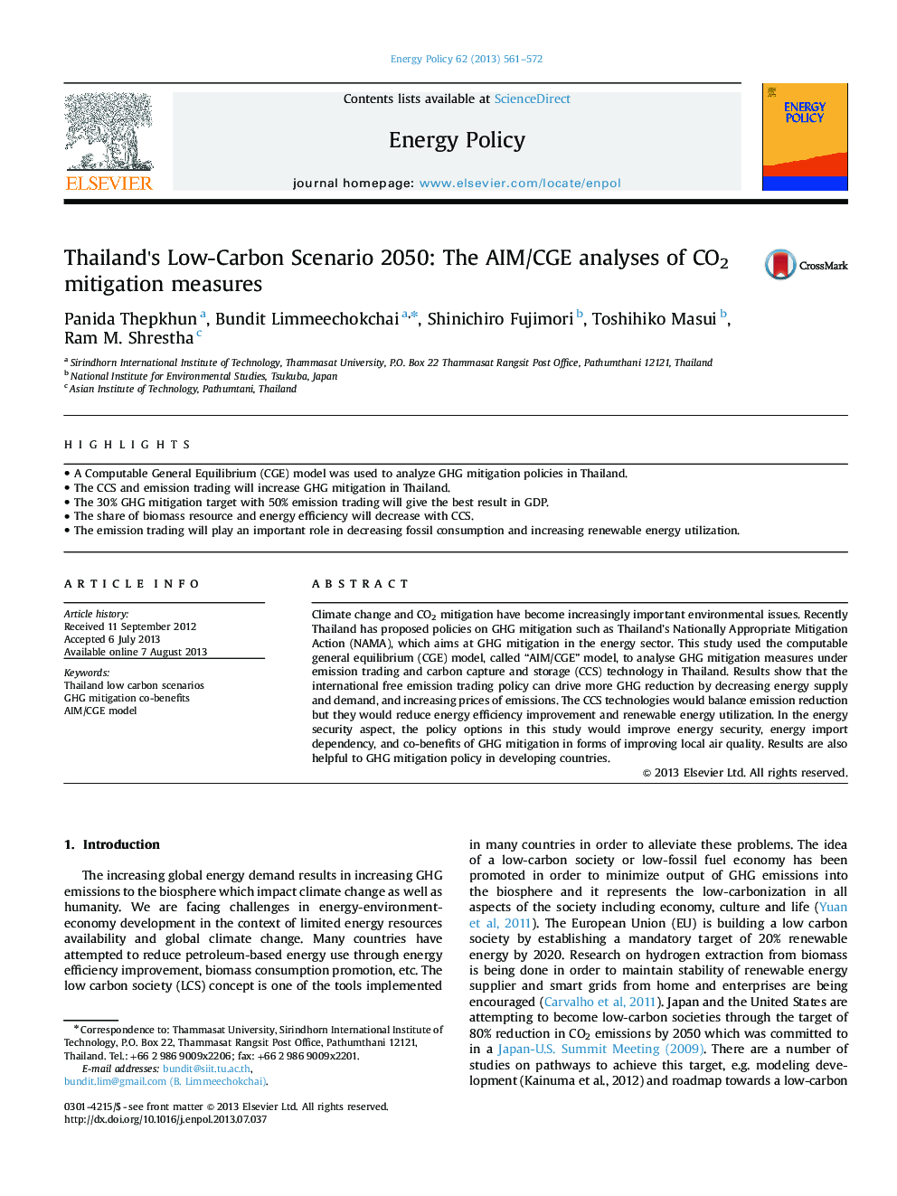 Thailand's Low-Carbon Scenario 2050: The AIM/CGE analyses of CO2 mitigation measures