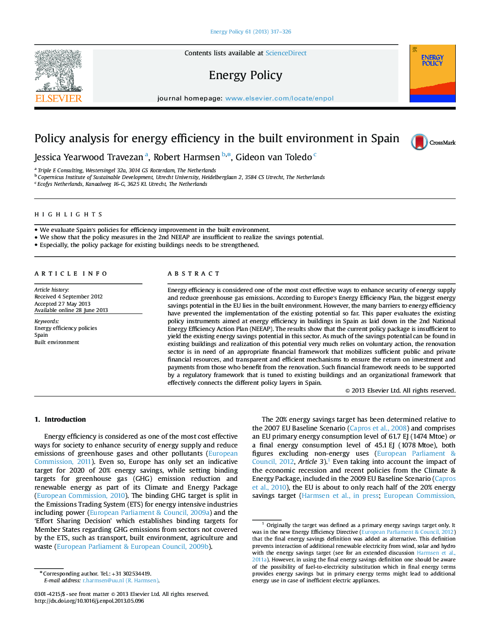 Policy analysis for energy efficiency in the built environment in Spain
