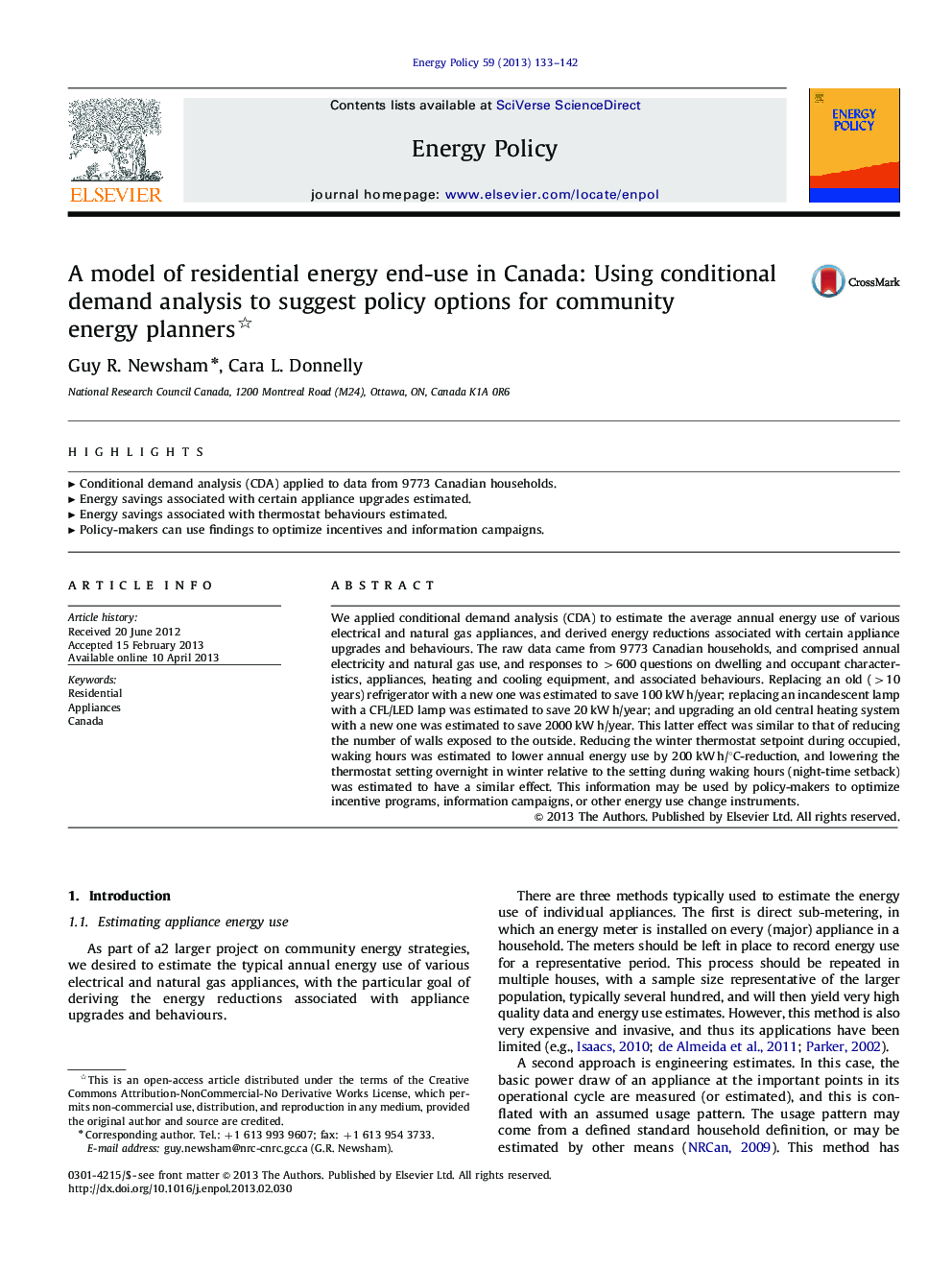 A model of residential energy end-use in Canada: Using conditional demand analysis to suggest policy options for community energy planners