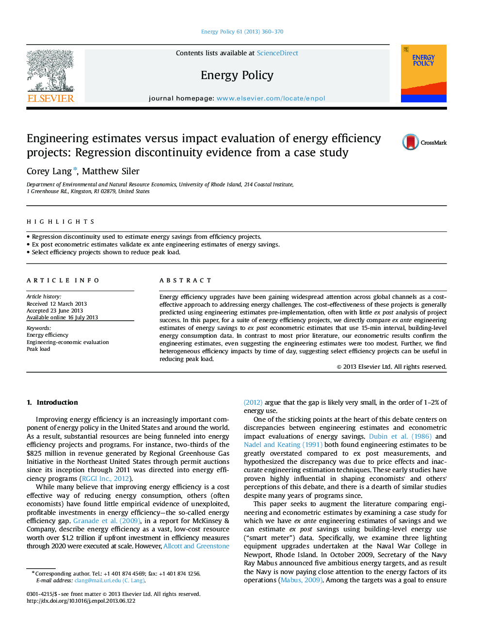 Engineering estimates versus impact evaluation of energy efficiency projects: Regression discontinuity evidence from a case study