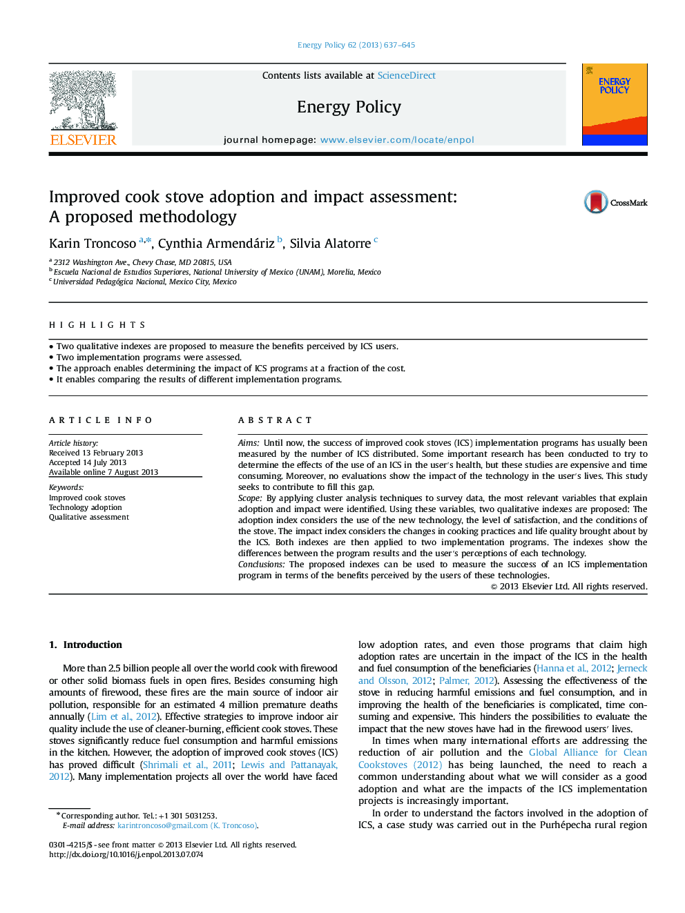 Improved cook stove adoption and impact assessment: A proposed methodology