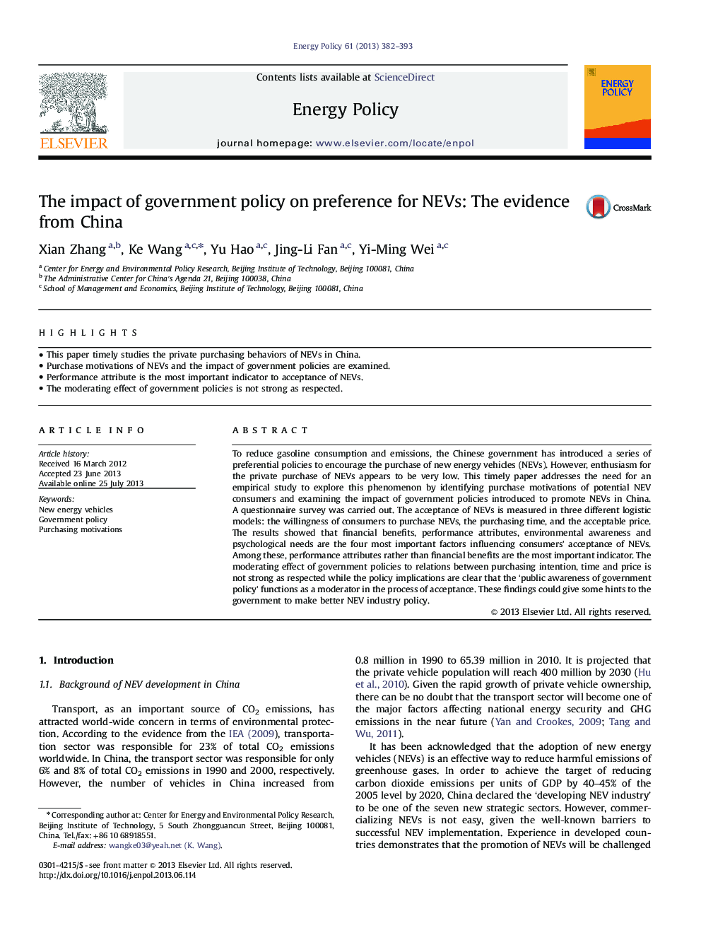 The impact of government policy on preference for NEVs: The evidence from China