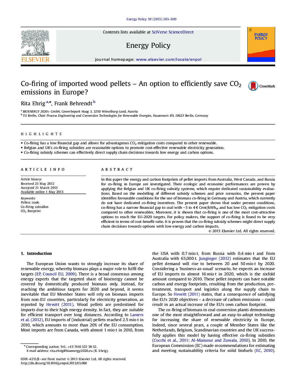 Co-firing of imported wood pellets - An option to efficiently save CO2 emissions in Europe?