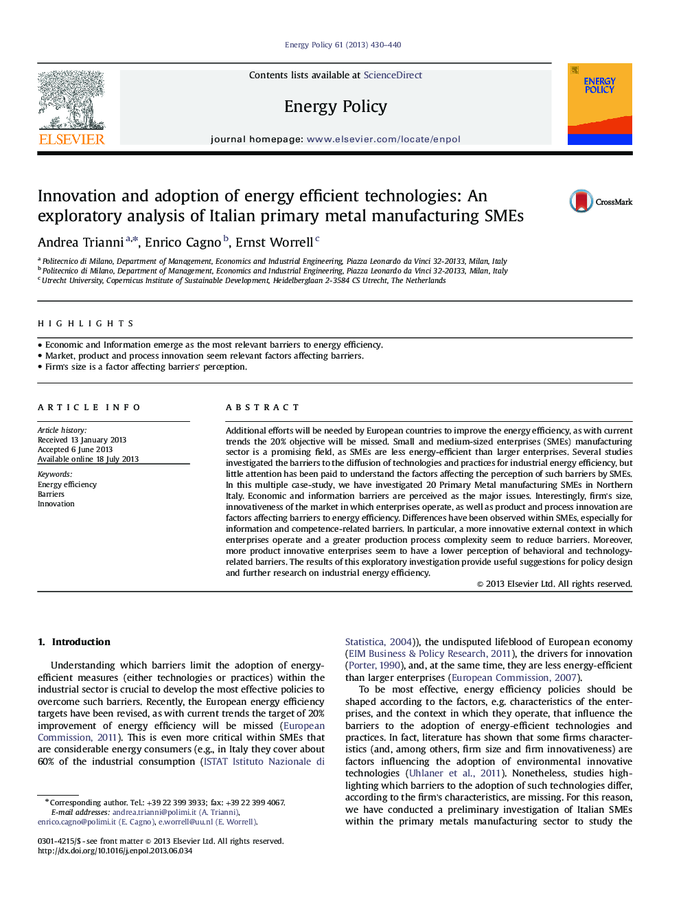 Innovation and adoption of energy efficient technologies: An exploratory analysis of Italian primary metal manufacturing SMEs