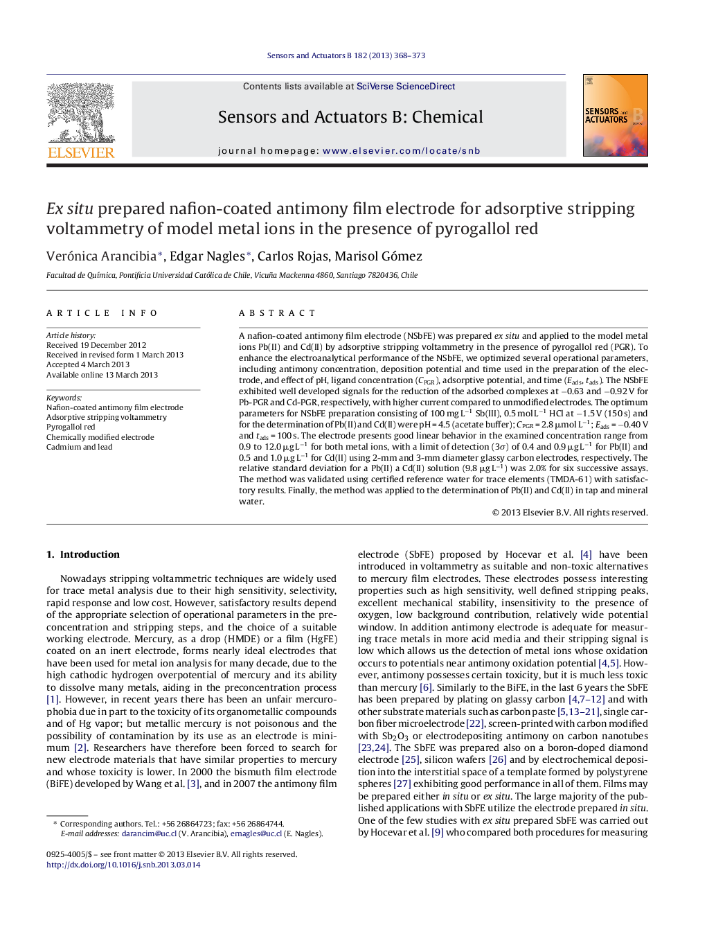 Ex situ prepared nafion-coated antimony film electrode for adsorptive stripping voltammetry of model metal ions in the presence of pyrogallol red