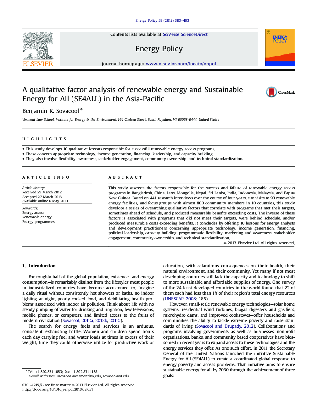 A qualitative factor analysis of renewable energy and Sustainable Energy for All (SE4ALL) in the Asia-Pacific