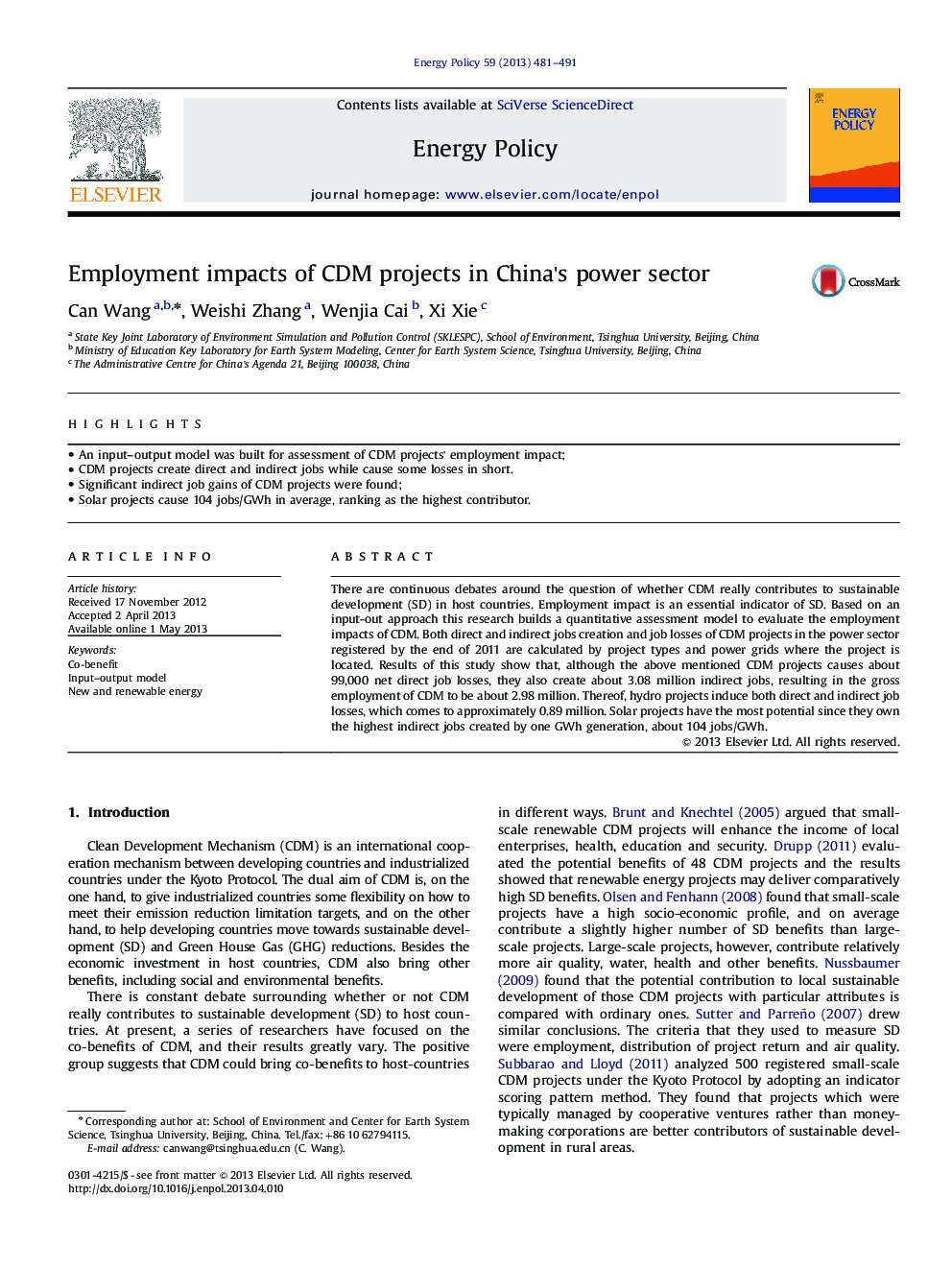 Employment impacts of CDM projects in China's power sector