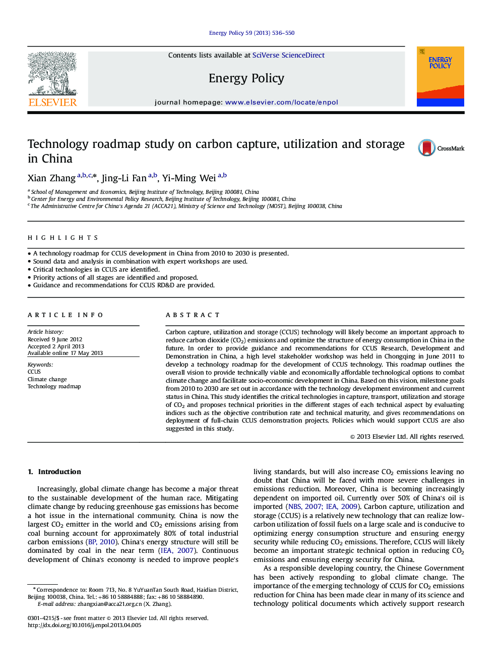 Technology roadmap study on carbon capture, utilization and storage in China