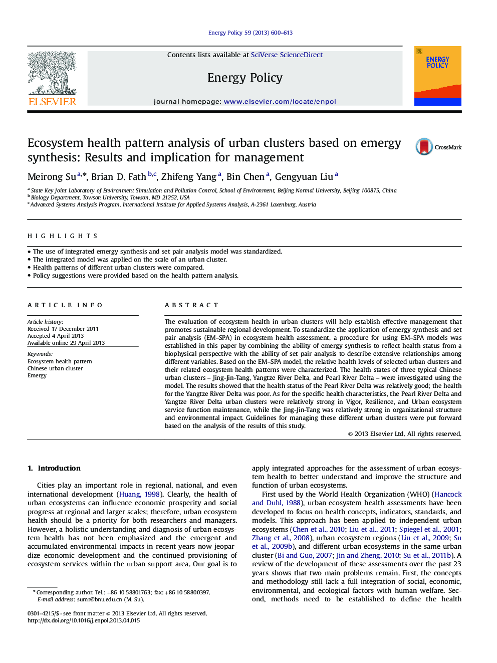 Ecosystem health pattern analysis of urban clusters based on emergy synthesis: Results and implication for management