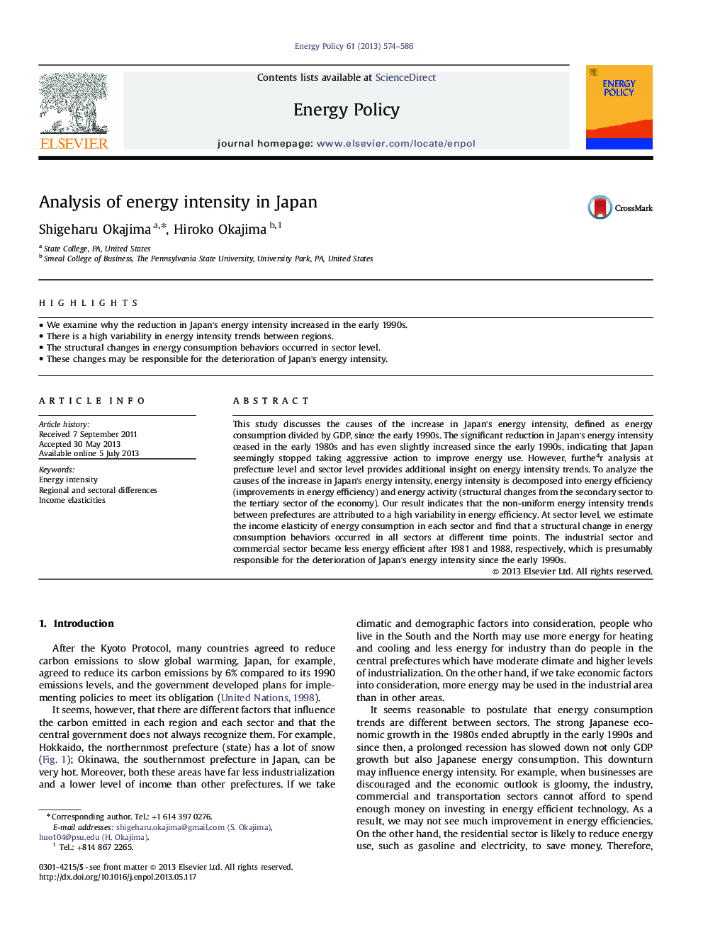 Analysis of energy intensity in Japan