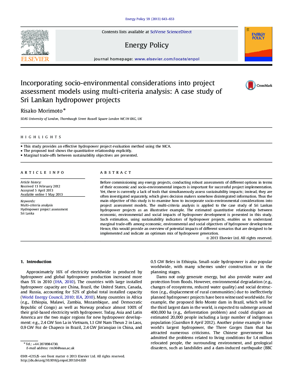 Incorporating socio-environmental considerations into project assessment models using multi-criteria analysis: A case study of Sri Lankan hydropower projects
