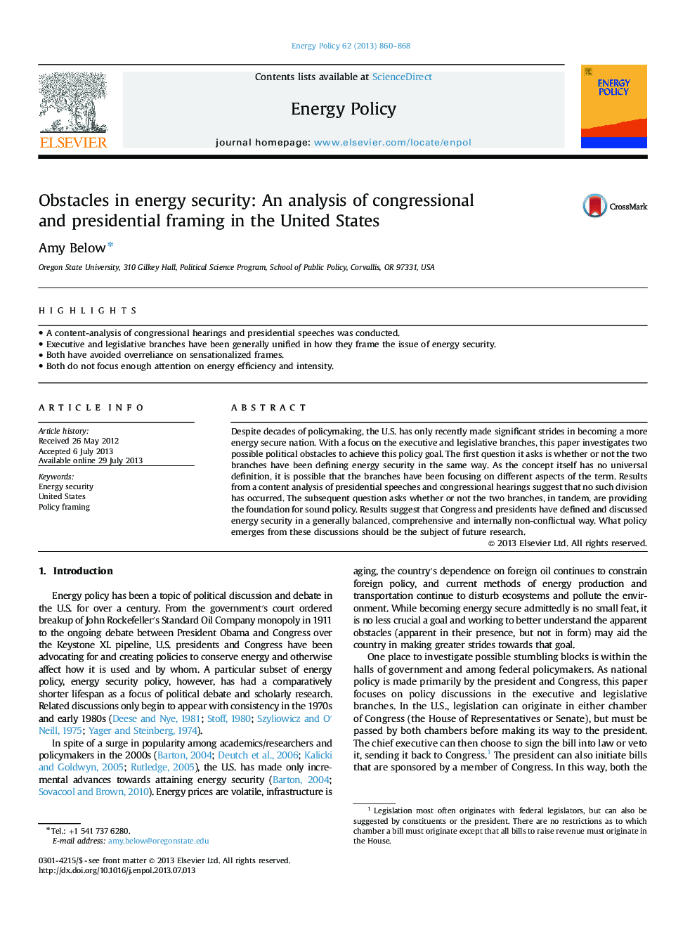 Obstacles in energy security: An analysis of congressional and presidential framing in the United States