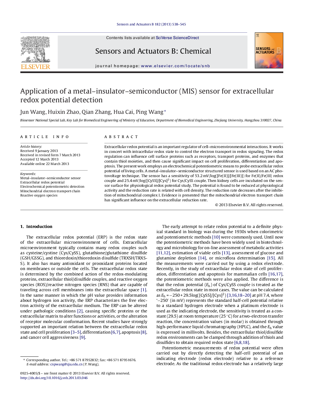 Application of a metal–insulator–semiconductor (MIS) sensor for extracellular redox potential detection