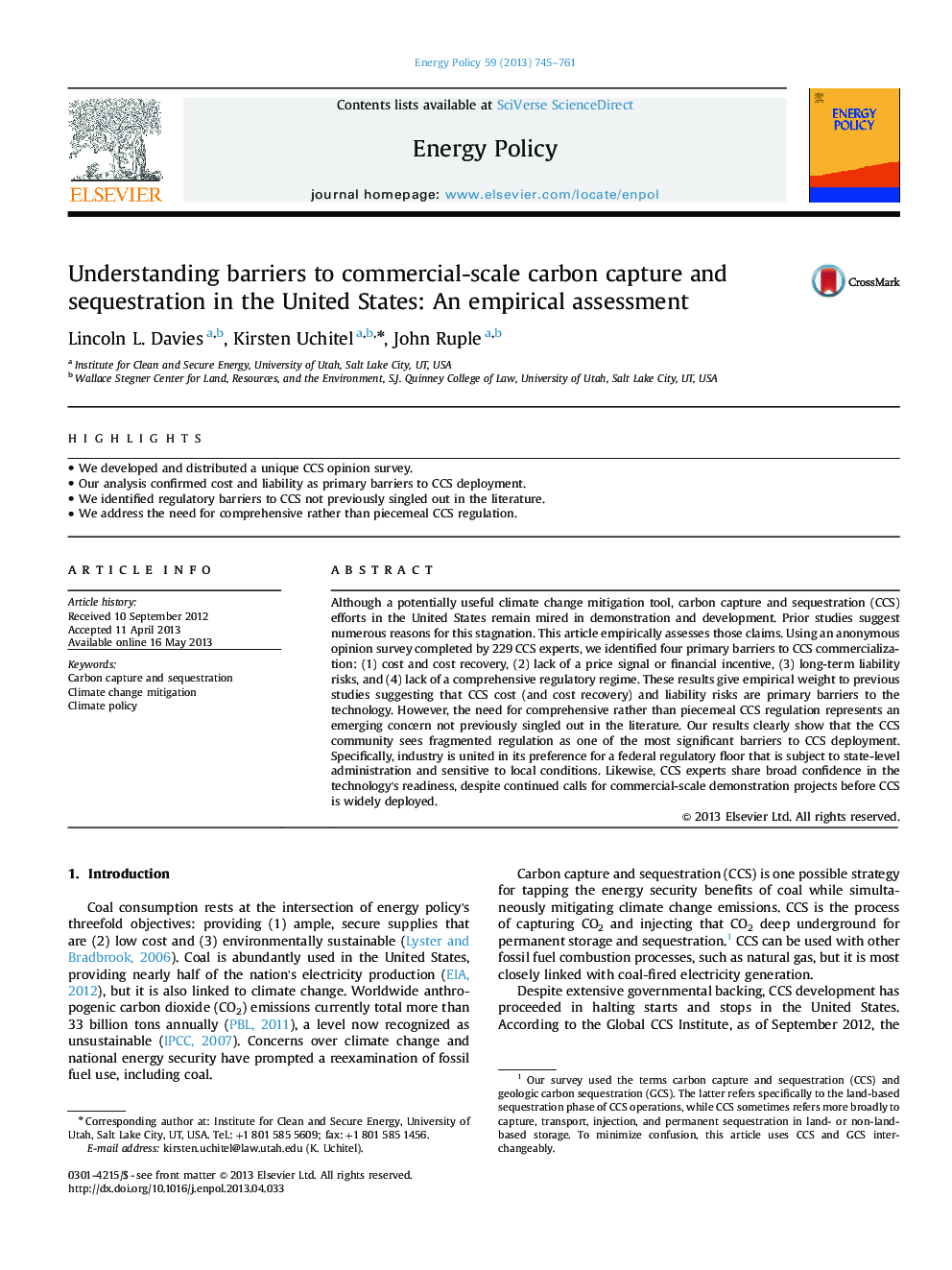 Understanding barriers to commercial-scale carbon capture and sequestration in the United States: An empirical assessment