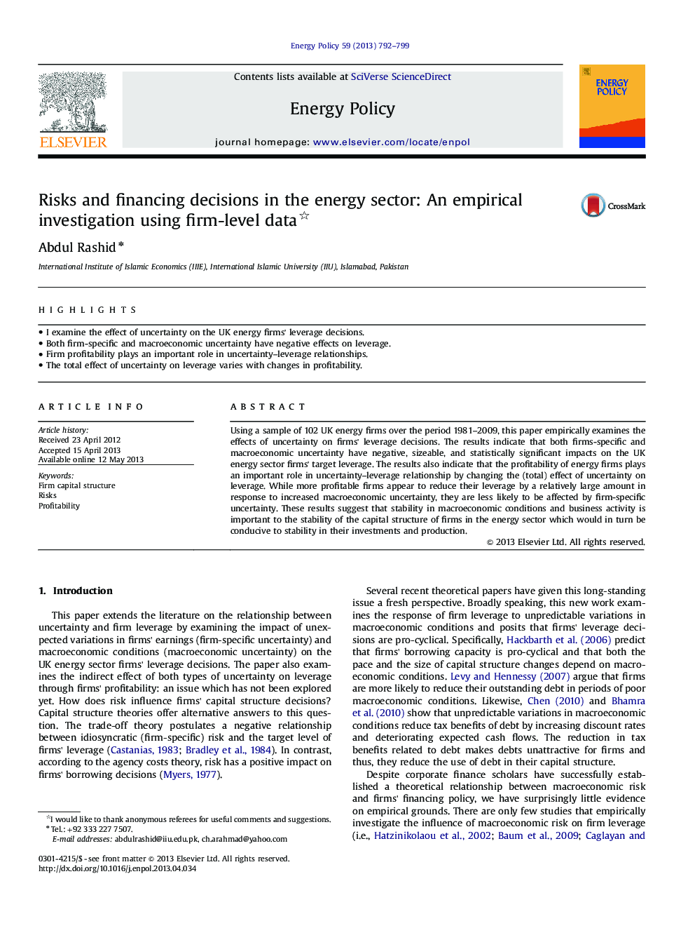ریسک ها و تصمیمات تامین مالی در بخش انرژی: تحقیق تجربی با استفاده از داده های سطح شرکت 