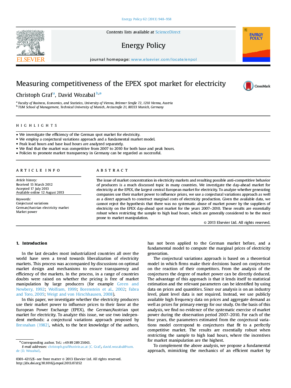 Measuring competitiveness of the EPEX spot market for electricity