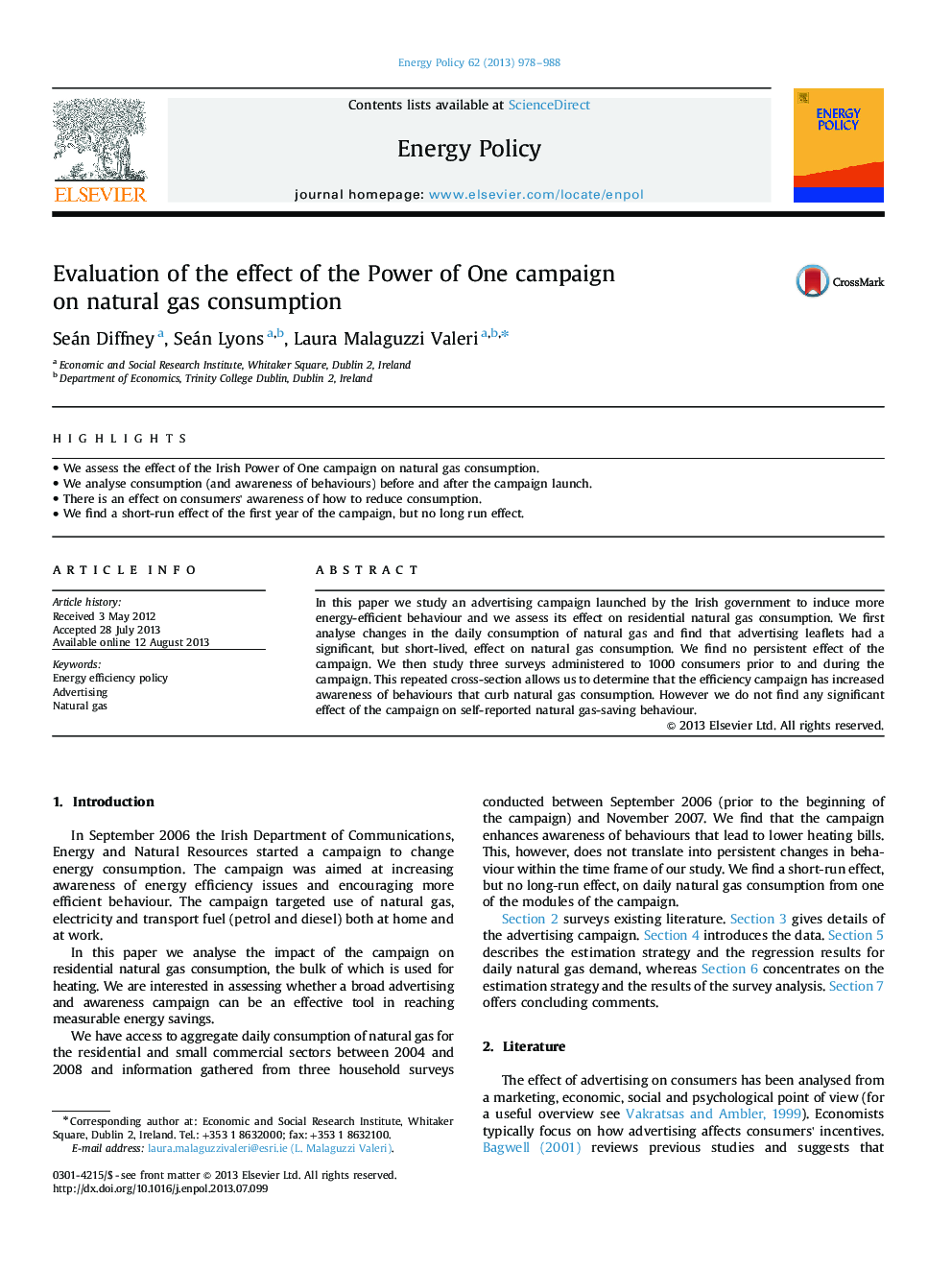 Evaluation of the effect of the Power of One campaign on natural gas consumption