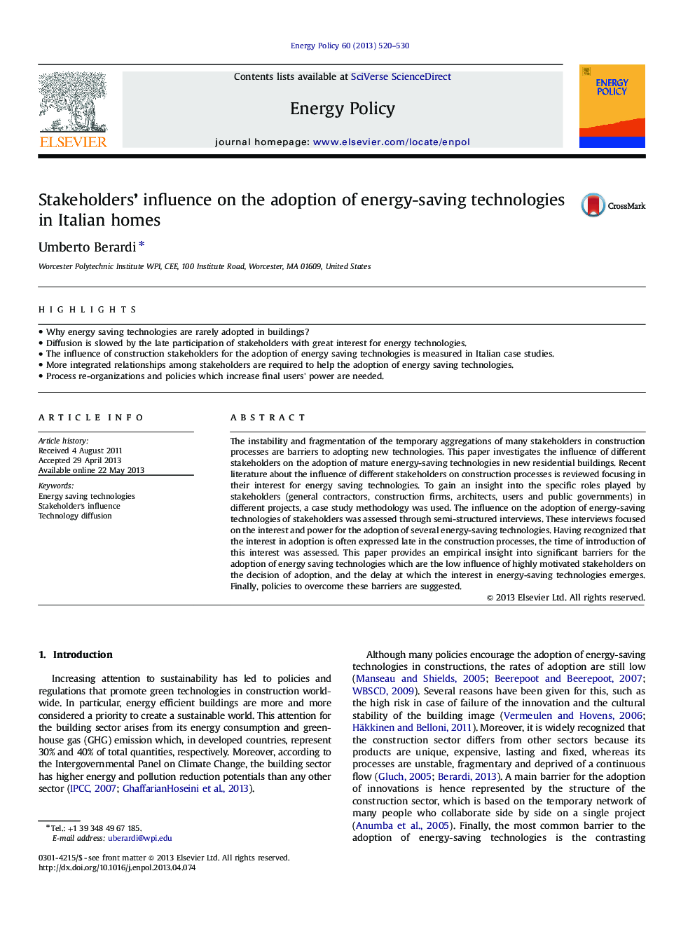Stakeholders' influence on the adoption of energy-saving technologies in Italian homes