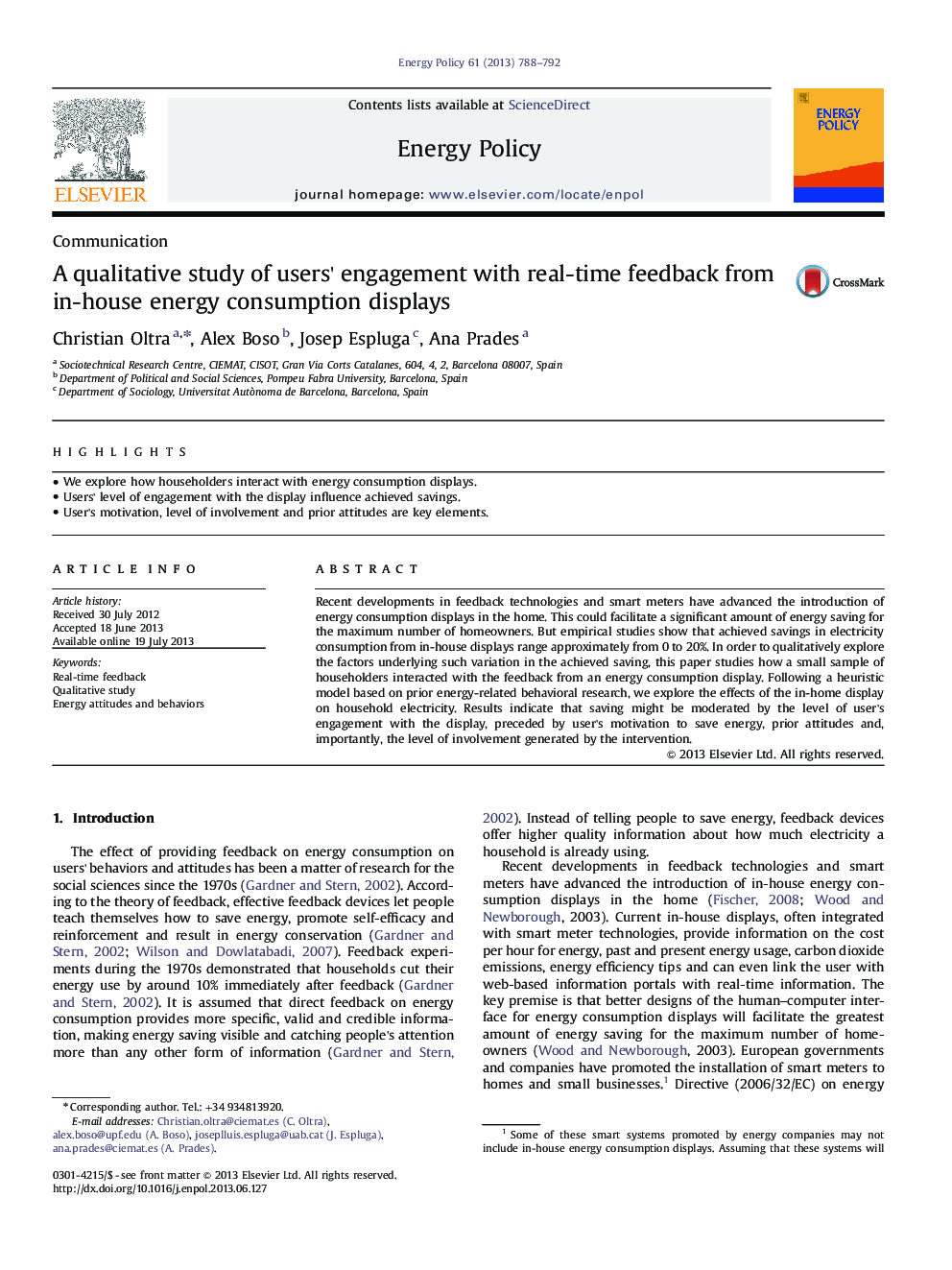 A qualitative study of users' engagement with real-time feedback from in-house energy consumption displays