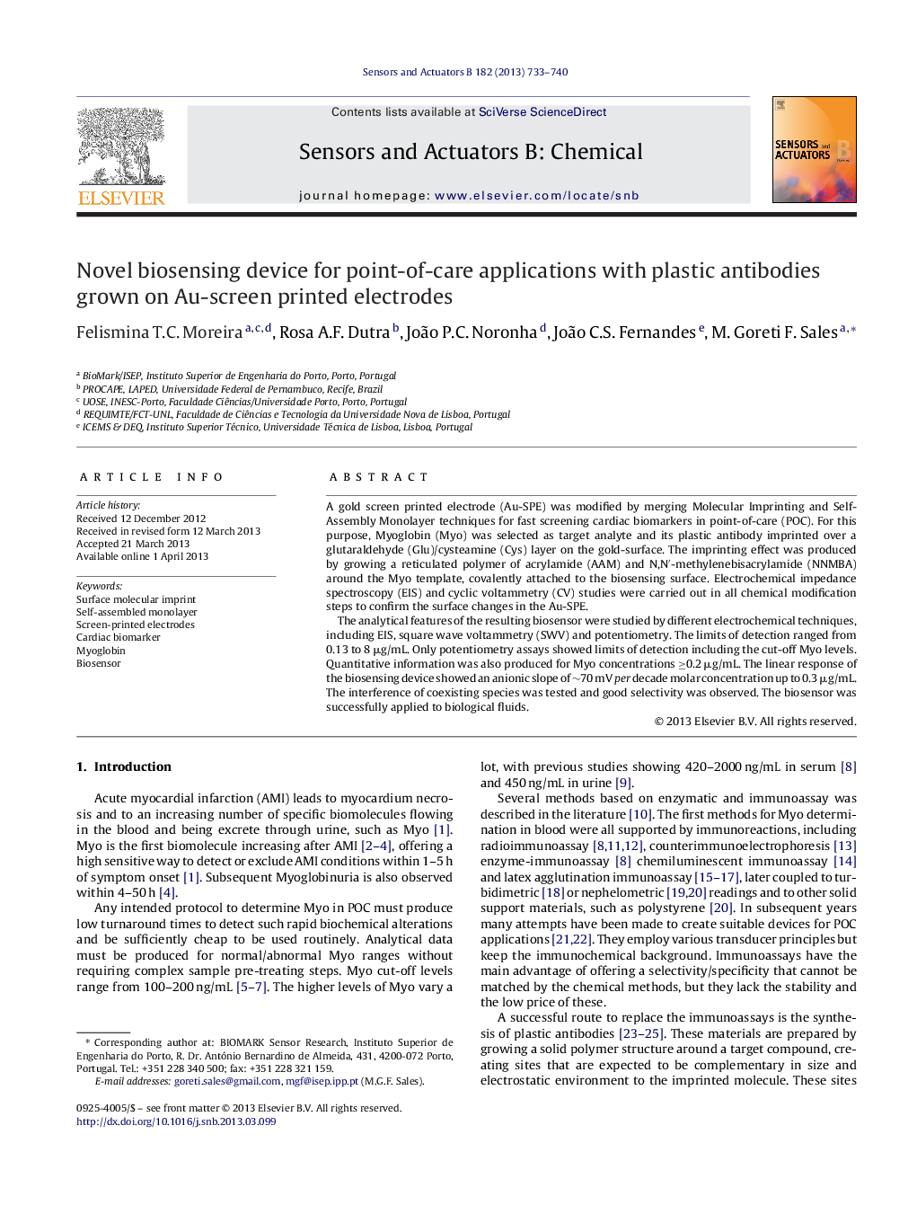 Novel biosensing device for point-of-care applications with plastic antibodies grown on Au-screen printed electrodes