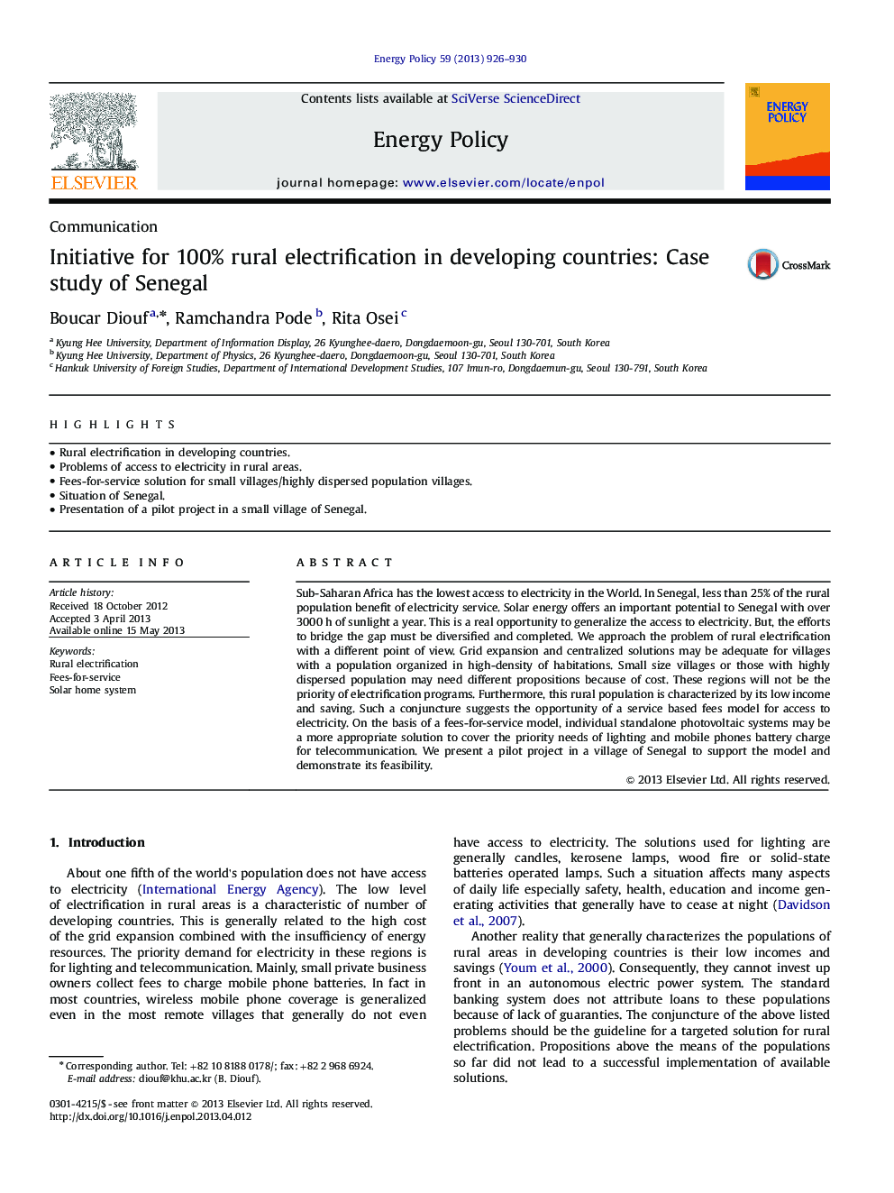 Initiative for 100% rural electrification in developing countries: Case study of Senegal