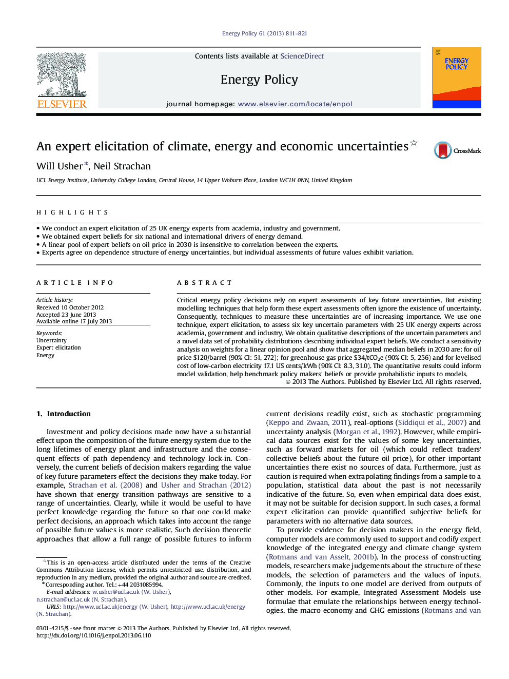 An expert elicitation of climate, energy and economic uncertainties