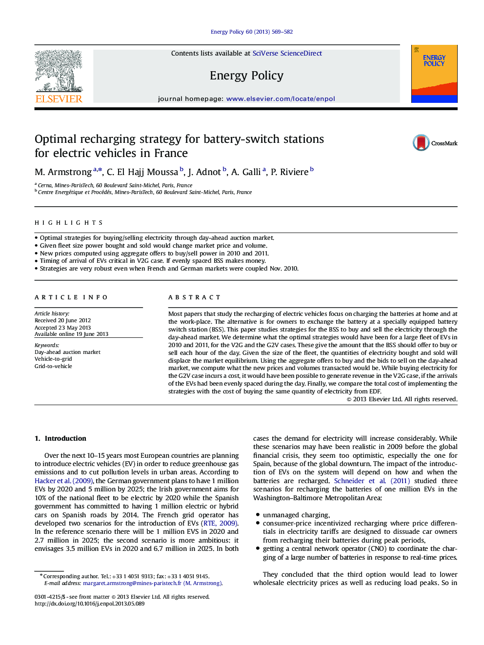 Optimal recharging strategy for battery-switch stations for electric vehicles in France