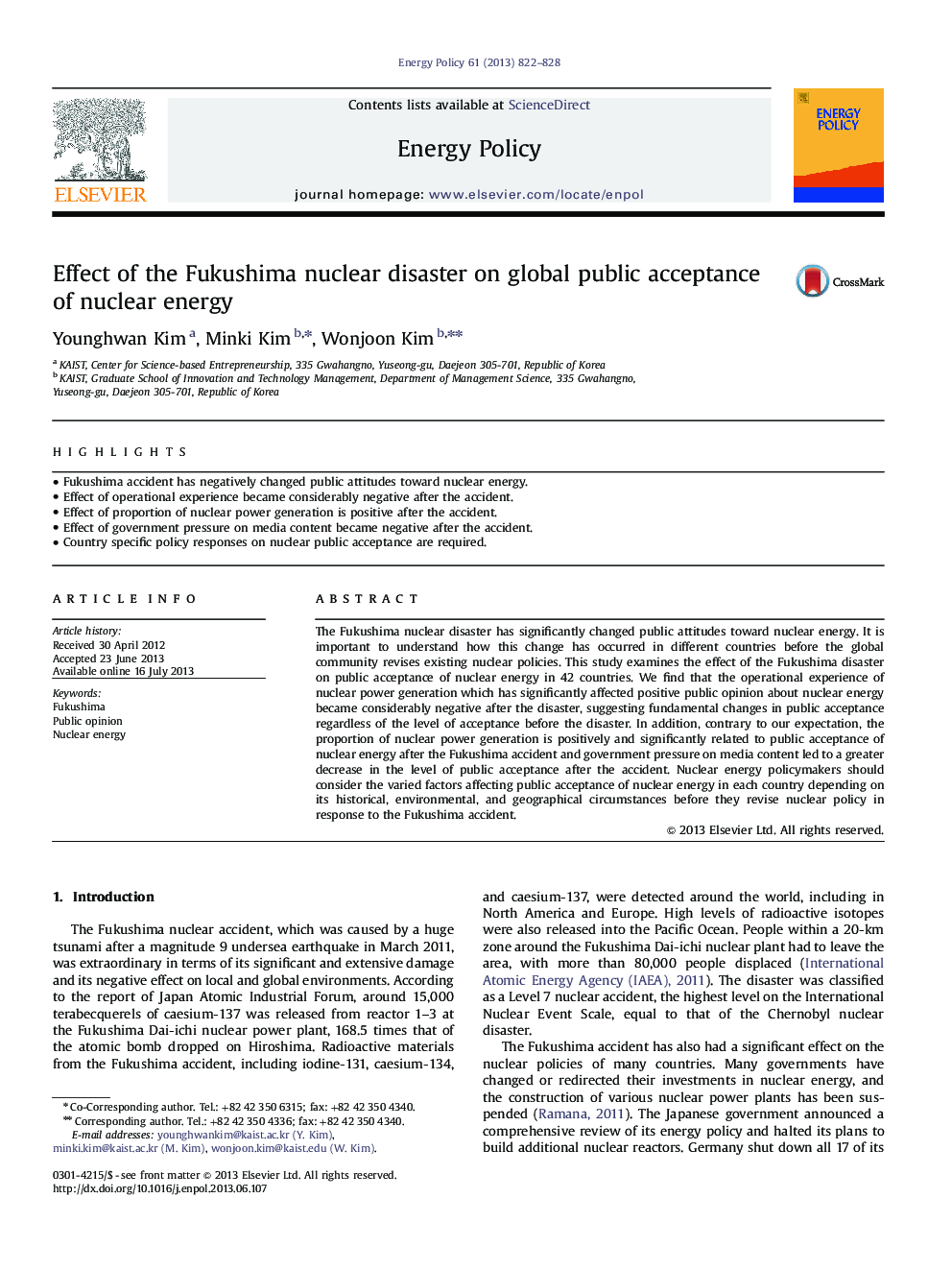 Effect of the Fukushima nuclear disaster on global public acceptance of nuclear energy