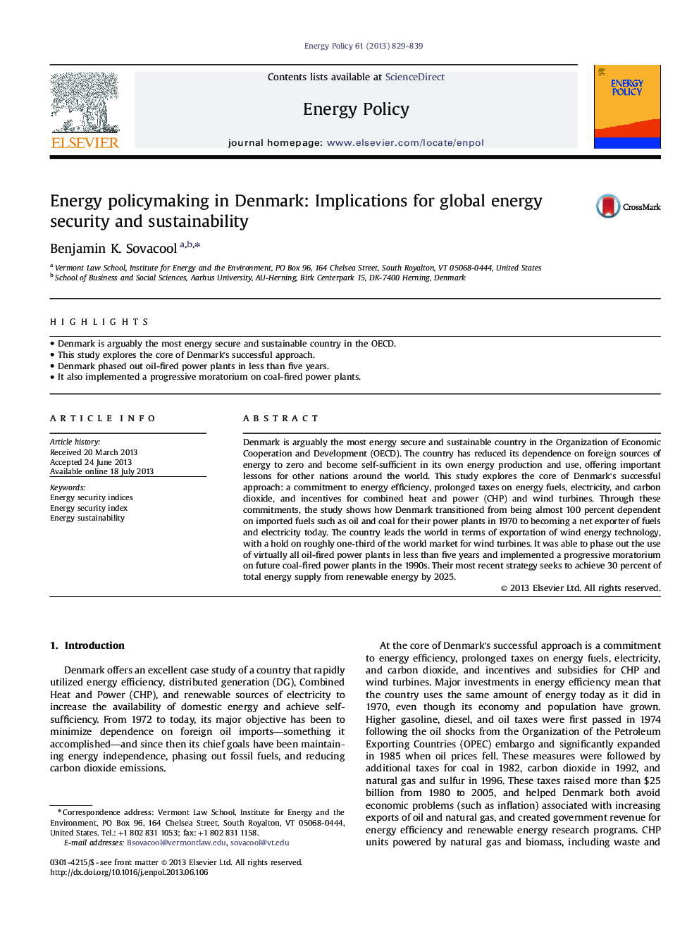 Energy policymaking in Denmark: Implications for global energy security and sustainability