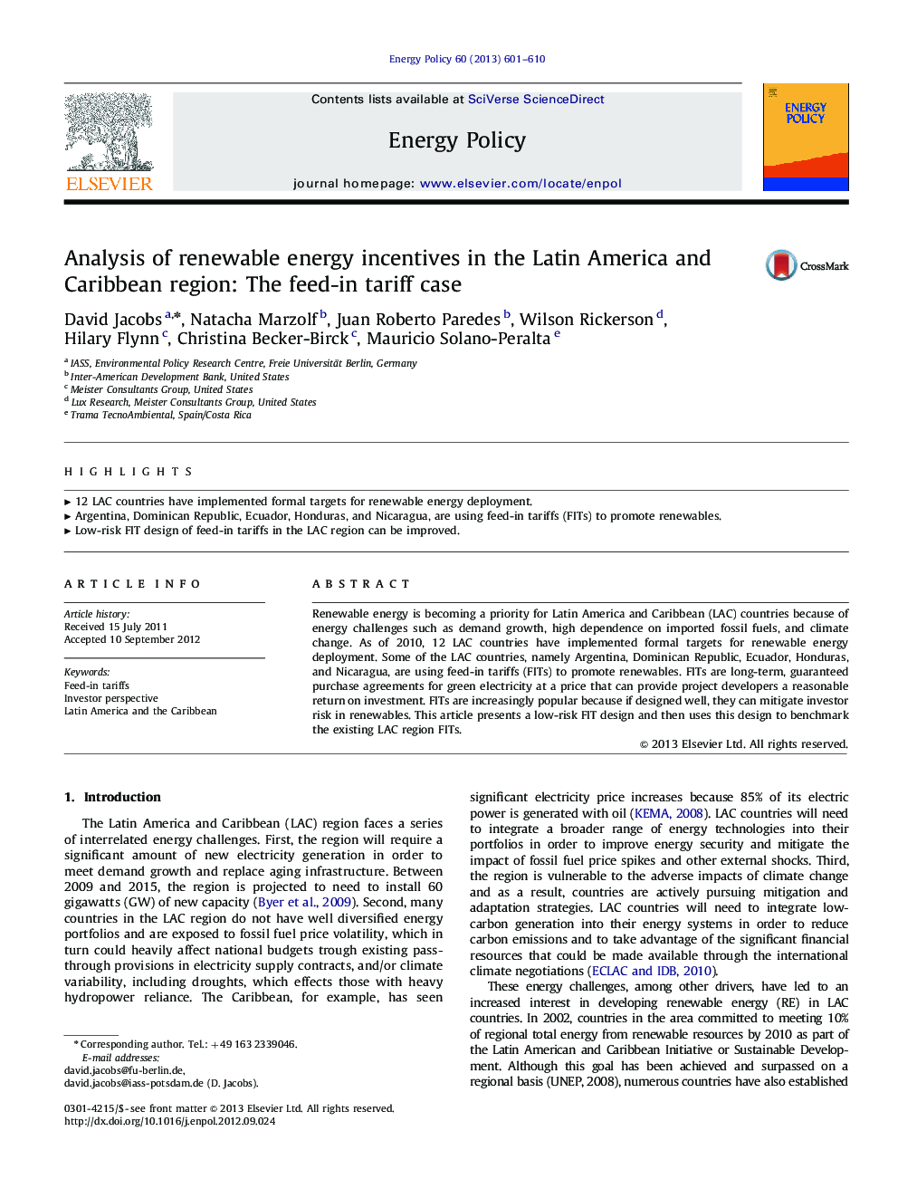 Analysis of renewable energy incentives in the Latin America and Caribbean region: The feed-in tariff case