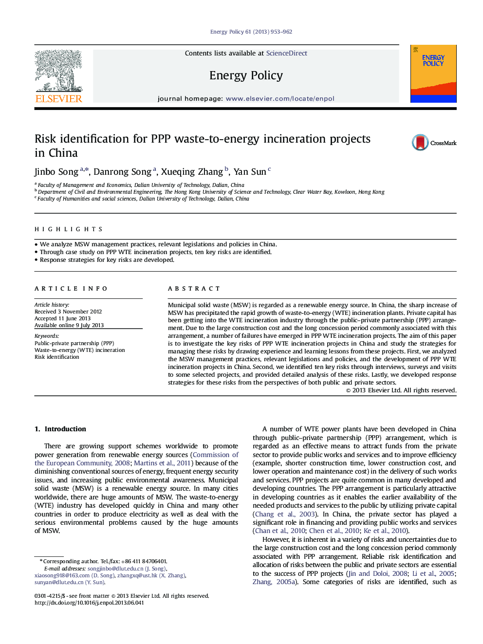 Risk identification for PPP waste-to-energy incineration projects in China