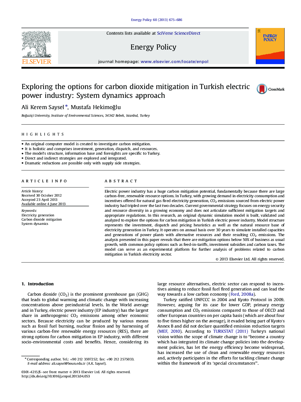 Exploring the options for carbon dioxide mitigation in Turkish electric power industry: System dynamics approach