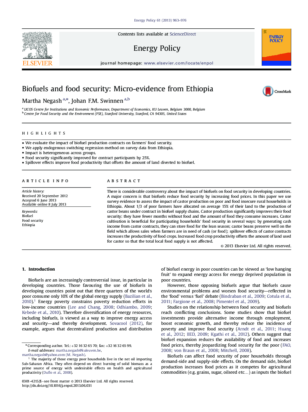 Biofuels and food security: Micro-evidence from Ethiopia