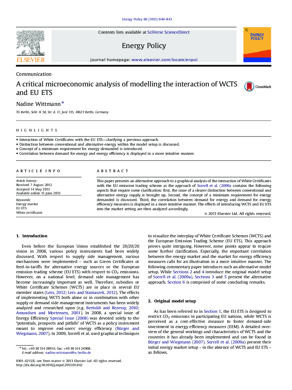 عکس صفحه اول مقاله: A critical microeconomic analysis of modelling the interaction of WCTS and EU ETS A critical microeconomic analysis of modelling the interaction of WCTS and EU ETS