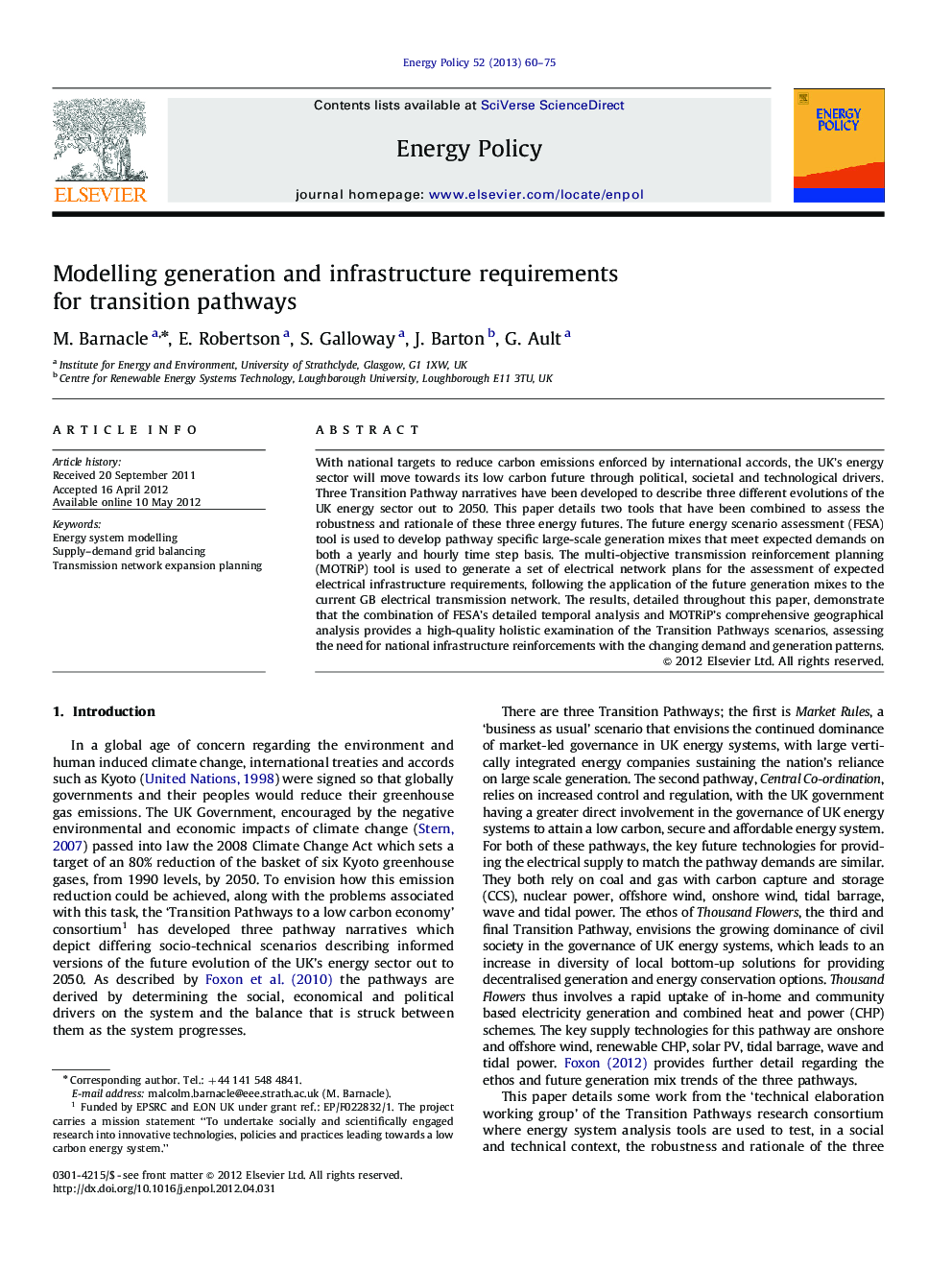 Modelling generation and infrastructure requirements for transition pathways