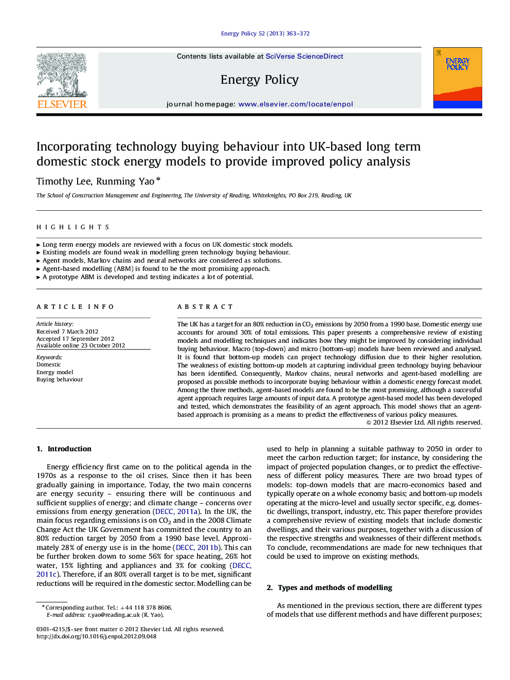 Incorporating technology buying behaviour into UK-based long term domestic stock energy models to provide improved policy analysis