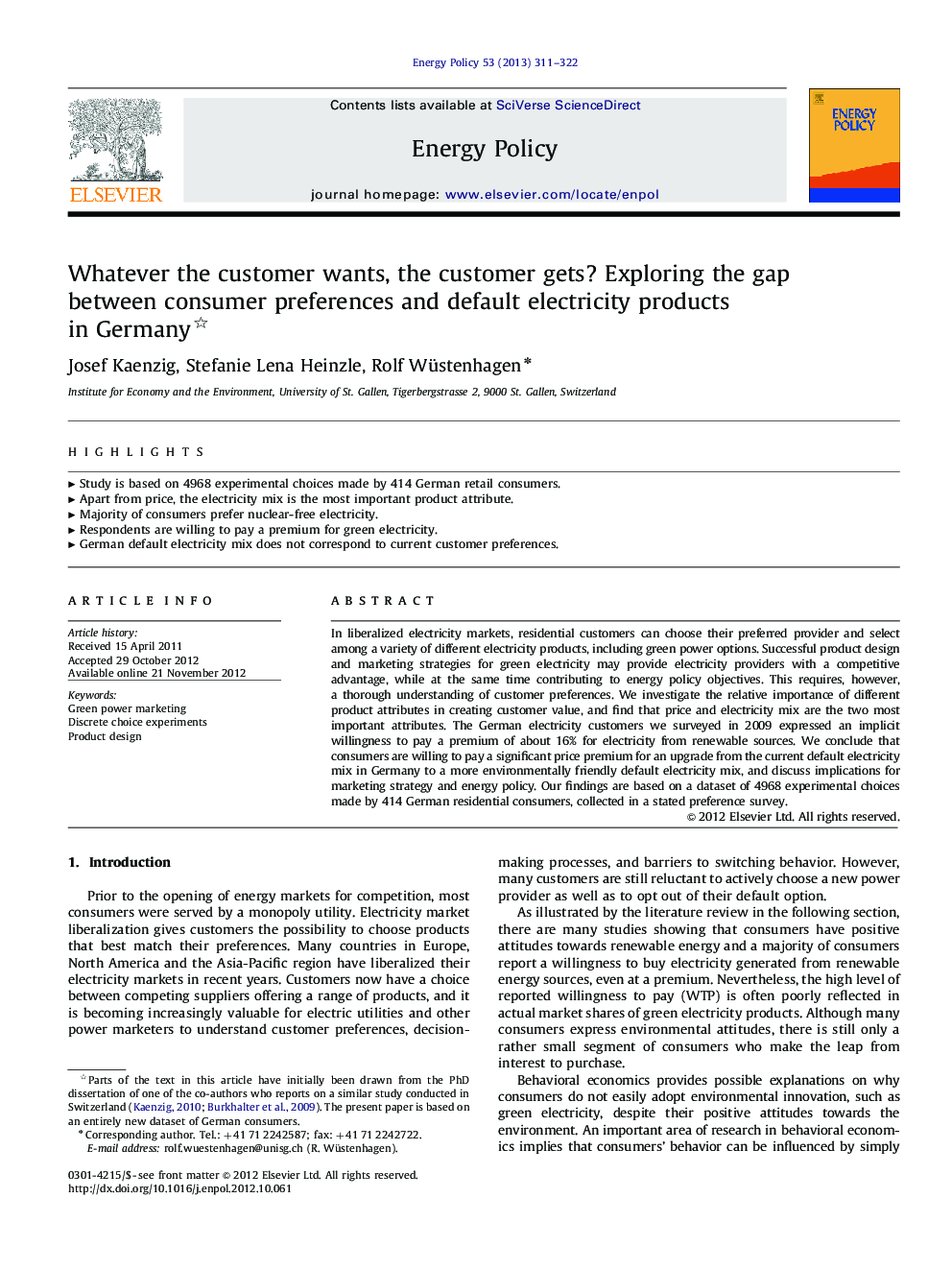 Whatever the customer wants, the customer gets? Exploring the gap between consumer preferences and default electricity products in Germany