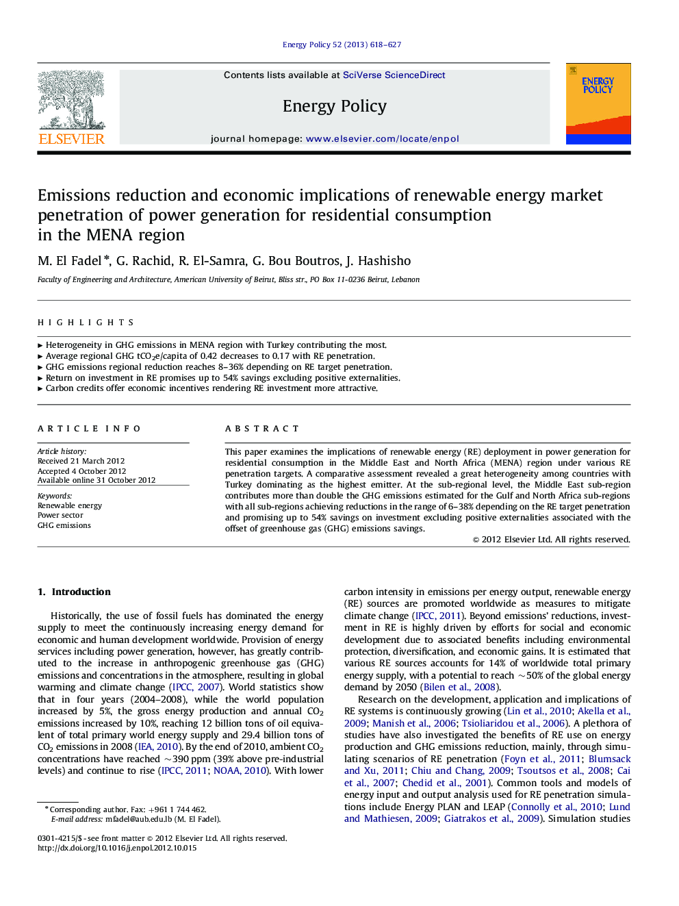 Emissions reduction and economic implications of renewable energy market penetration of power generation for residential consumption in the MENA region