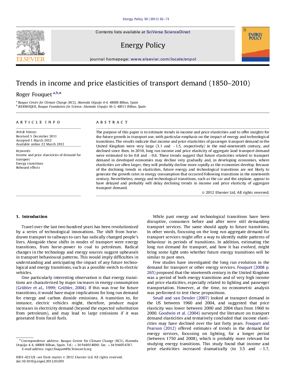 Trends in income and price elasticities of transport demand (1850-2010)