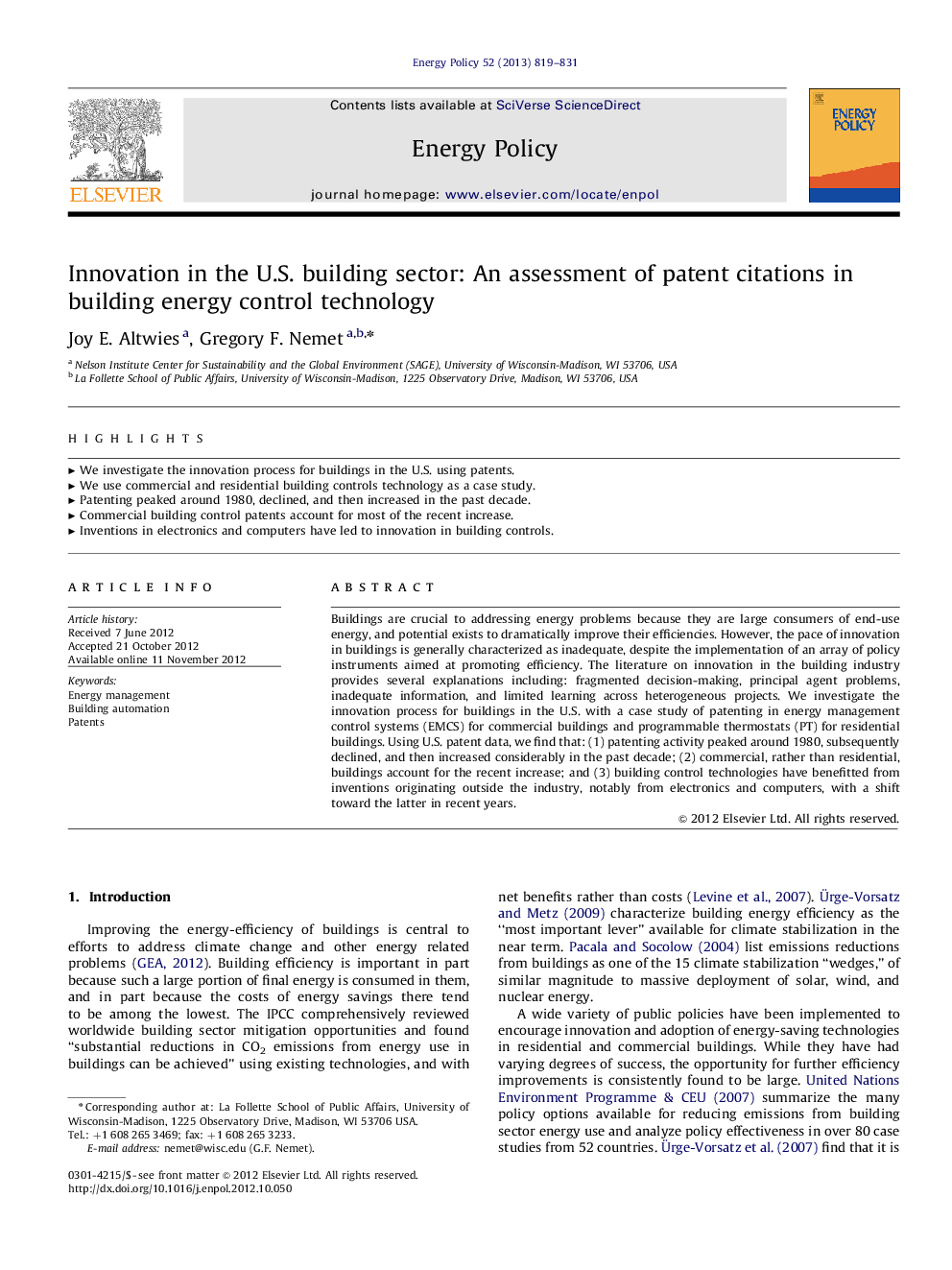 Innovation in the U.S. building sector: An assessment of patent citations in building energy control technology