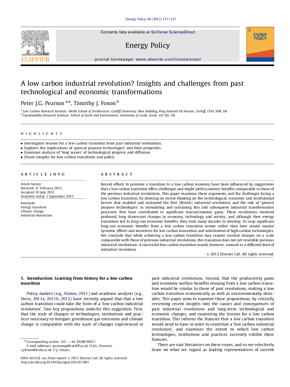 A low carbon industrial revolution? Insights and challenges from past technological and economic transformations