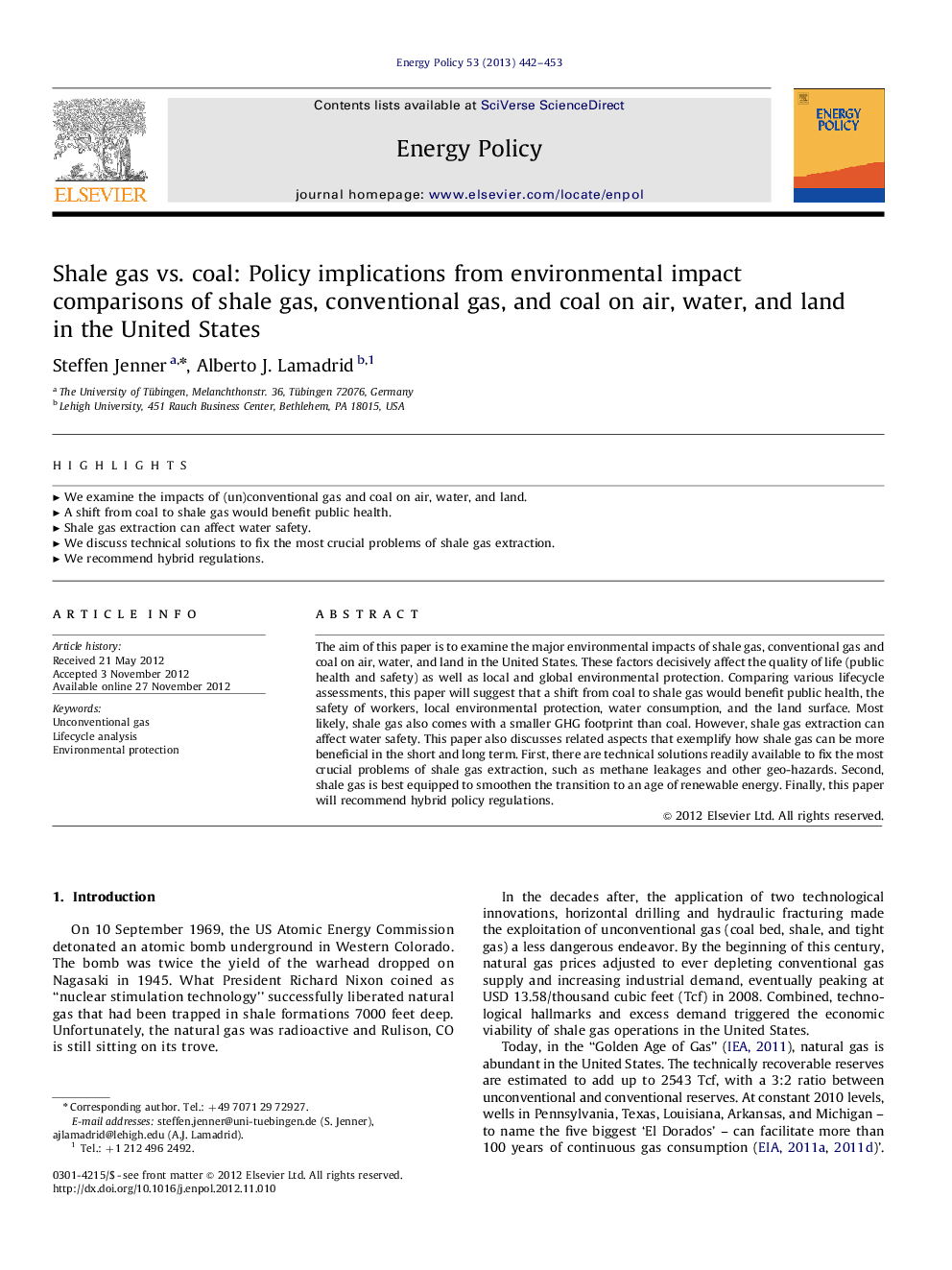 Shale gas vs. coal: Policy implications from environmental impact comparisons of shale gas, conventional gas, and coal on air, water, and land in the United States