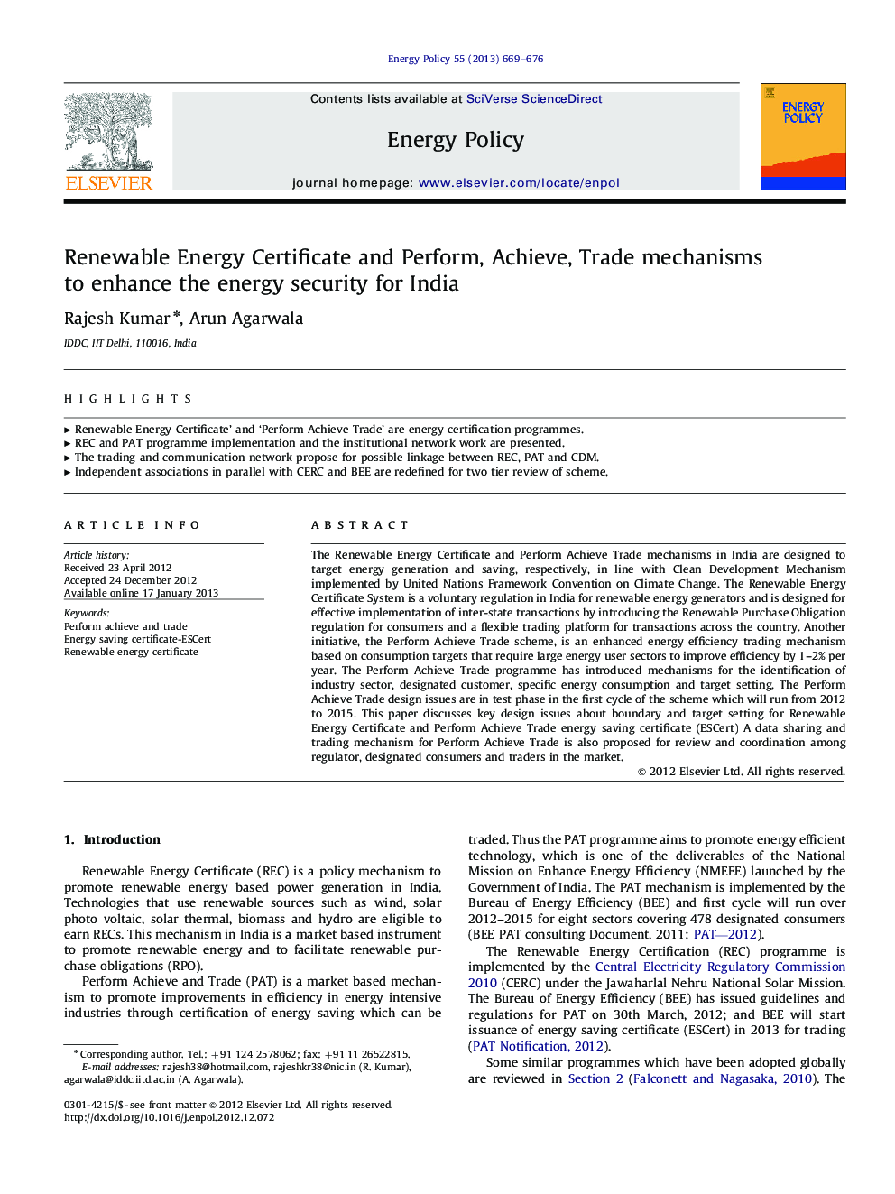 Renewable Energy Certificate and Perform, Achieve, Trade mechanisms to enhance the energy security for India