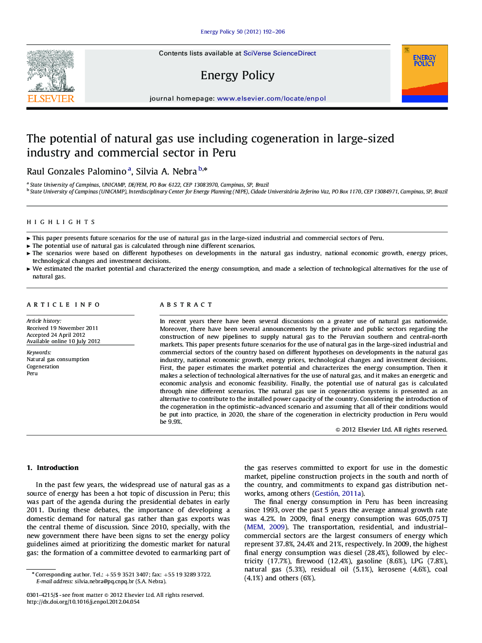 The potential of natural gas use including cogeneration in large-sized industry and commercial sector in Peru