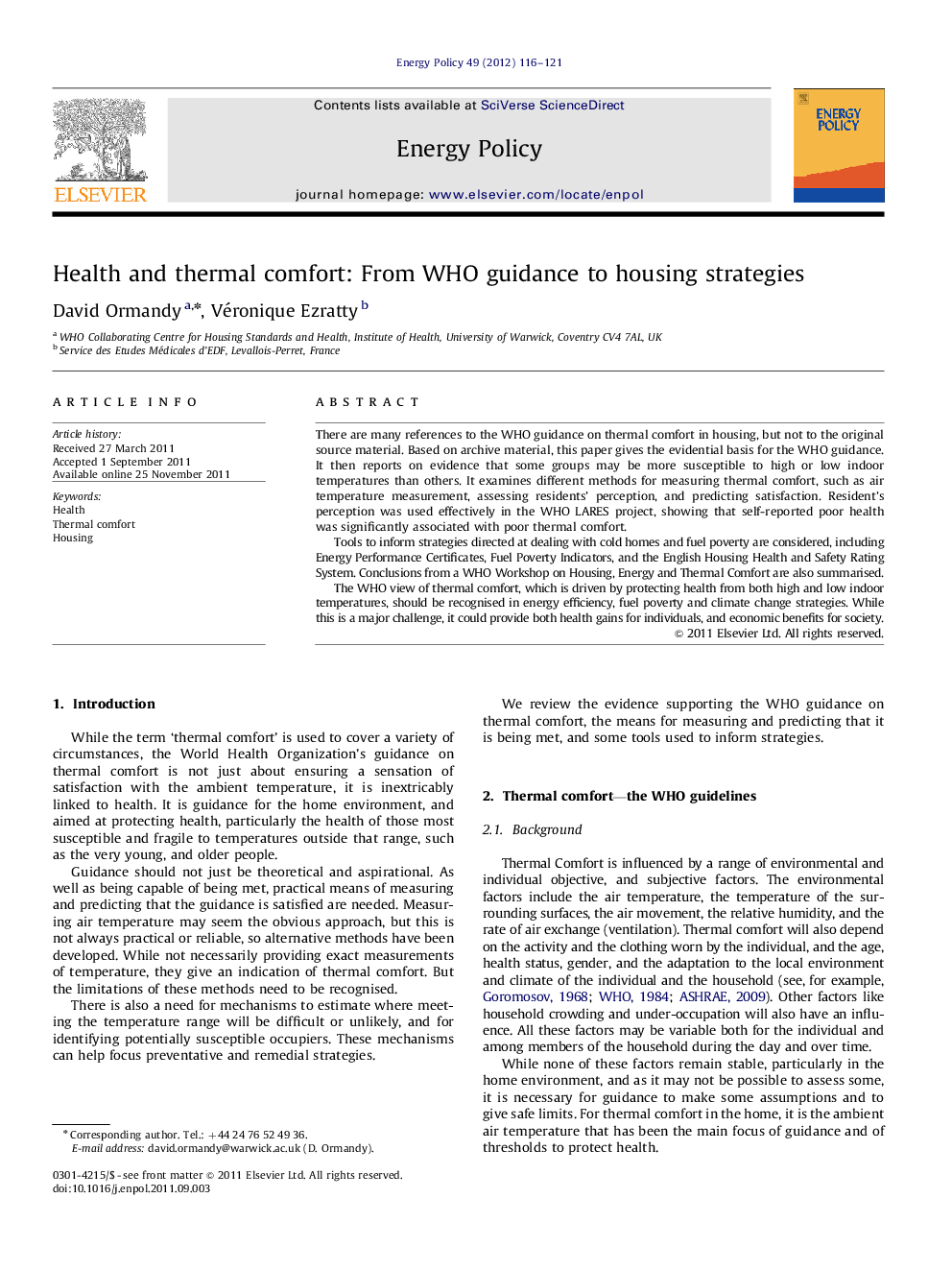 Health and thermal comfort: From WHO guidance to housing strategies