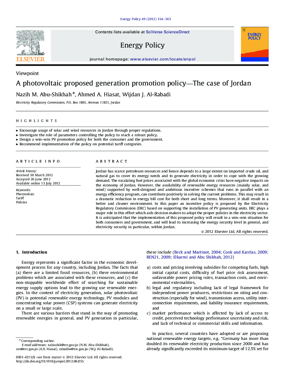 A photovoltaic proposed generation promotion policy-The case of Jordan